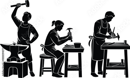 Craftsmen and artisans silhouette illustration set, blacksmith and workshop workers using hammer and tools, traditional manual labor concept for metalwork and industry design.