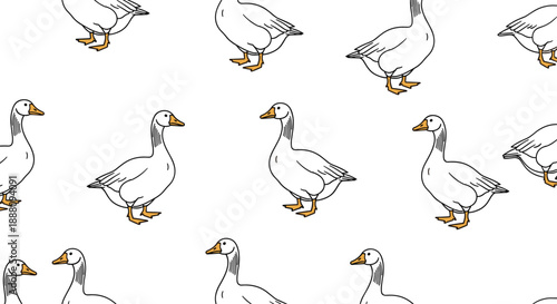 A cute and minimalist seamless pattern of white cartoon geese standing in profile on a plain white background for textiles.