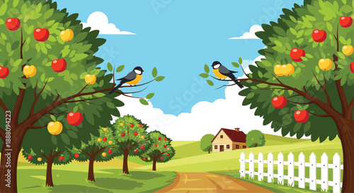 A beautiful summer rural landscape with two birds in apple trees a country road and a farmhouse in the distance.