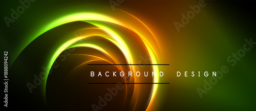 Abstract neon light swirls, vibrant green, orange, yellow hues. Dark background emphasizes glowing curves, modern design element.