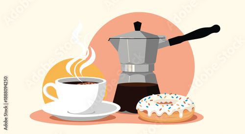 A cozy coffee break scene with a steaming cup of black coffee a moka pot and a donut with white icing and sprinkles.