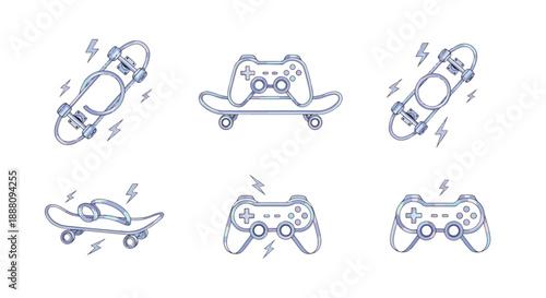 blue line art illustrations of skateboards and video game controllers with lightning bolts  technology and sports symbols