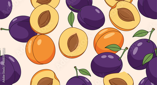 A seamless fruit pattern of whole purple plums and halved orange apricots with leaves on a light background.