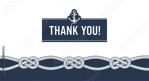 A nautical themed thank you card with a rope border and an anchor symbol on a simple white and navy blue background.