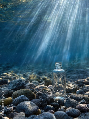 Wallpaper Mural Glass Bottle of Serum Resting on Rock Bed Under Water Rays Torontodigital.ca