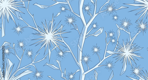 An abstract seamless pattern of frosty white tree branches and geometric snowflakes on a cool blue winter background.