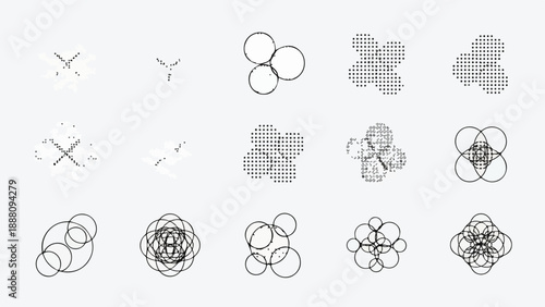 Set of complex abstract geometric elements composed of overlapping circles line art vector
