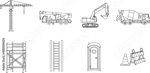 A detailed illustration of construction equipment, a tower crane and various machinery in a minimalist outline format, showcasing essential tools and devices.