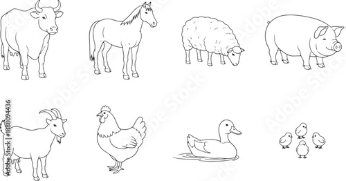 A collection of farm animals, gracefully outlined in black and white, offers a serene portrayal of rural life. Each creature is captured in fine detail, bringing to life a vivid scene. 