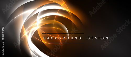 Abstract swirls, bright orange glow, dark background. Modern design elements create dynamic visual impact. Smooth gradients, elegant curves.