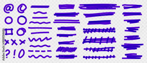 Highlighting purple felt tip marker line set, marker strokes with brush lines, Hand drawn underlines, crosses and wavy accents, Doodle highlight lines for notes.