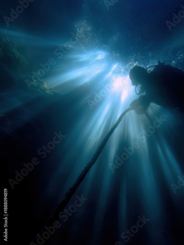 Wallpaper Mural Diver Fixing Hose Connection Underwater in Sunlight Shafts Torontodigital.ca