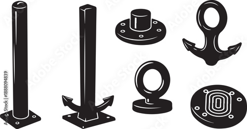 Black and white illustration of various metal bollards and anchors