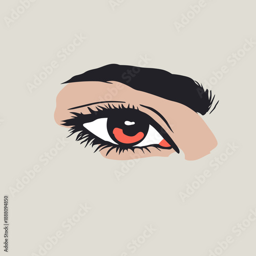Close-up flat minimalist vector illustration of human eye with dark eyelashes eyebrow and reddish iris on light background