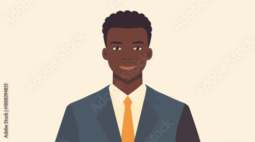 Portrait of confident African businessman in professional suit with orange tie flat minimalist vector style isolated on light background