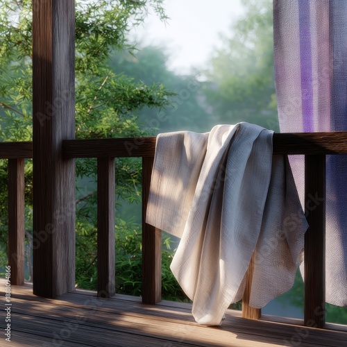 Wallpaper Mural Serene Summer Scene with Lightweight Yukata Draped over Wooden Rail Torontodigital.ca