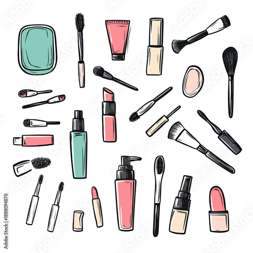 Hand Drawn Set of Cosmetic Beauty Products and Makeup Tools Including Lipstick Mascara Brushes Foundation Cream Tubes Minimalist Vector Illustration