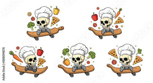 Cartoon chef skulls riding skateboards with food and video game controllers
