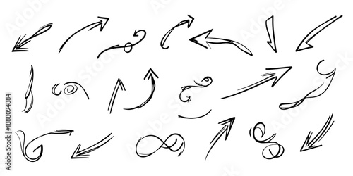 Set of hand drawn black arrow sketches with swirls curls and simple line style for direction design and creative flow elements vector illustration