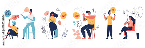 Mental health therapy session concept with psychologist analyzing brain, patient with emotional struggles, anxiety, stress, depression and mindfulness symbols in flat minimalist style