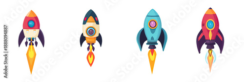 Colorful cartoon rocket ship set with flat minimalist design four different stylized space rockets launching with fire exhaust on white background vector illustration
