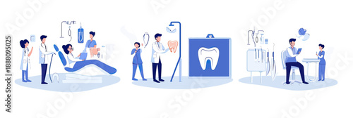 Dentist medical staff performing dental checkup cleaning treatment oral hygiene care with patient child teeth health insurance concept flat vector illustration