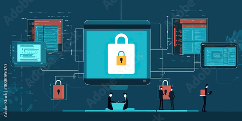 Cybersecurity network protection with locked devices digital data encryption secure communication and business people working on laptop and tablet flat vector illustration