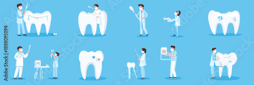 Dentist and dental assistant performing professional teeth cleaning and oral examination with dental tools and giant tooth models on blue background flat vector illustration