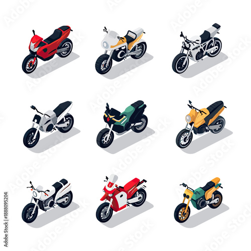 Isometric Vector Set of Nine Different Modern and Retro Motorcycles with Various Designs and Colors on White Background