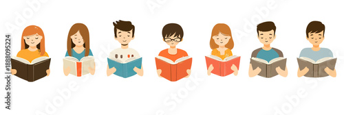 Group diverse young people reading open books standing in a row isolated on white background flat cartoon vector illustration education learning concept