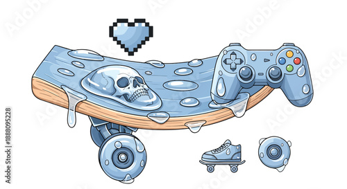 Cartoon skateboard with skull and video game controller melting  isolated on white background