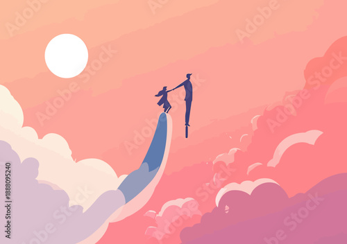 Silhouette of adult holding child's hand standing on large outstretched hand among clouds during pink sunset sky symbolic of support and protection