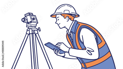 An illustration of a male surveyor in a blue and orange safety vest and white hard hat, looking through a total station on a tripod while also using a tablet, GNSS pole vector