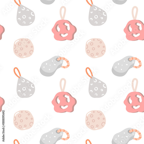 Playful pattern of soft bath sponges and scrubbers. This light and airy design is perfect for children bath products or spa center branding.