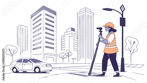 Female land surveyor using a GNSS pole instrument on a city street with buildings and a car in the background vector illustration, surveyor with total station in city street line art