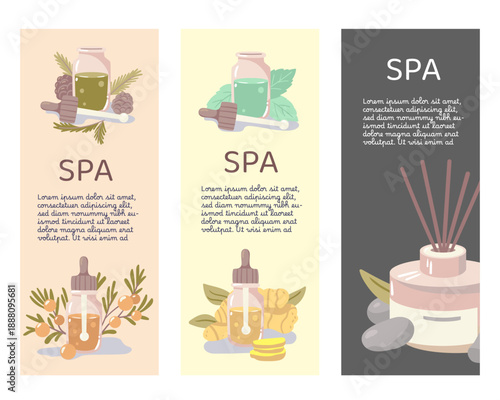 Three vertical spa banners featuring various herbal oils. A professional set for marketing natural beauty services and products.