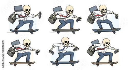 Cartoon skeleton riding skateboard with briefcase and tie in various poses