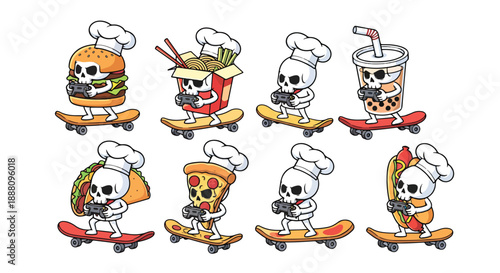 Cartoon skulls on skateboards with food and video games