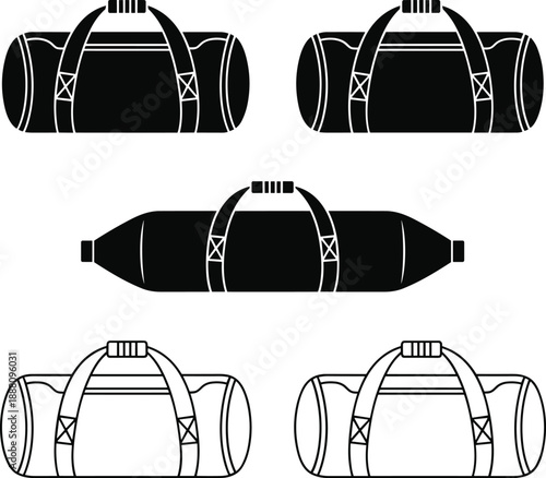 Duffel bag silhouettes set showing travel and sport bags in solid and outline styles, black luggage icons collection for fitness, gym, tourism and transportation concepts