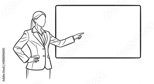 business woman presentation pointing at a blank whiteboard for marketing and educational content or corporate strategy explanation