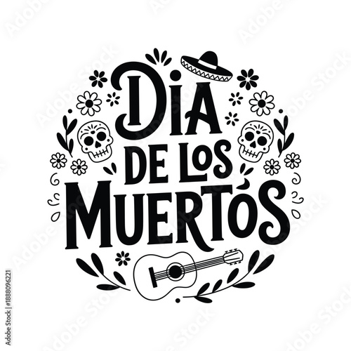 A decorative illustration celebrating d a de los muertos with floral and musical motifs