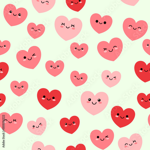 A pattern of cute cartoon hearts with smiling faces.