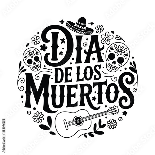 A decorative illustration for d a de los muertos featuring calligraphy and symbols