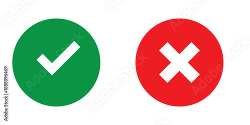 Right and wrong vector icon set rounded color black outline, flat rounded check mark, cross, x mark, circle shape thin line tick mark symbol. Approval and rejection signs isolated on white background