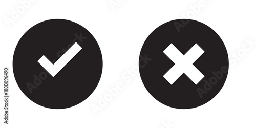 Right and wrong vector icon set rounded color black outline, flat rounded check mark, cross, x mark, circle shape thin line tick mark symbol. Approval and rejection signs isolated on white background