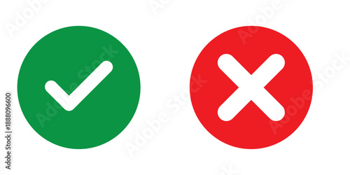 Right and wrong vector icon set rounded color black outline, flat rounded check mark, cross, x mark, circle shape thin line tick mark symbol. Approval and rejection signs isolated on white background