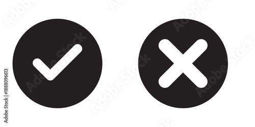 Right and wrong vector icon set rounded color black outline, flat rounded check mark, cross, x mark, circle shape thin line tick mark symbol. Approval and rejection signs isolated on white background