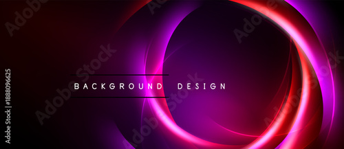 Abstract neon lights create dynamic purple, pink glow. Background features layered circular shapes, modern design elements.
