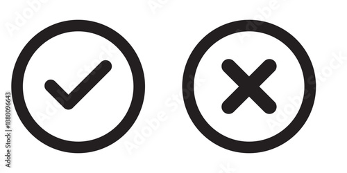 Right and wrong vector icon set rounded color black outline, flat rounded check mark, cross, x mark, circle shape thin line tick mark symbol. Approval and rejection signs isolated on white background