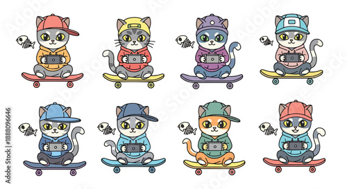Cats sitting on skateboards with mobile phones and wearing casual clothes and caps